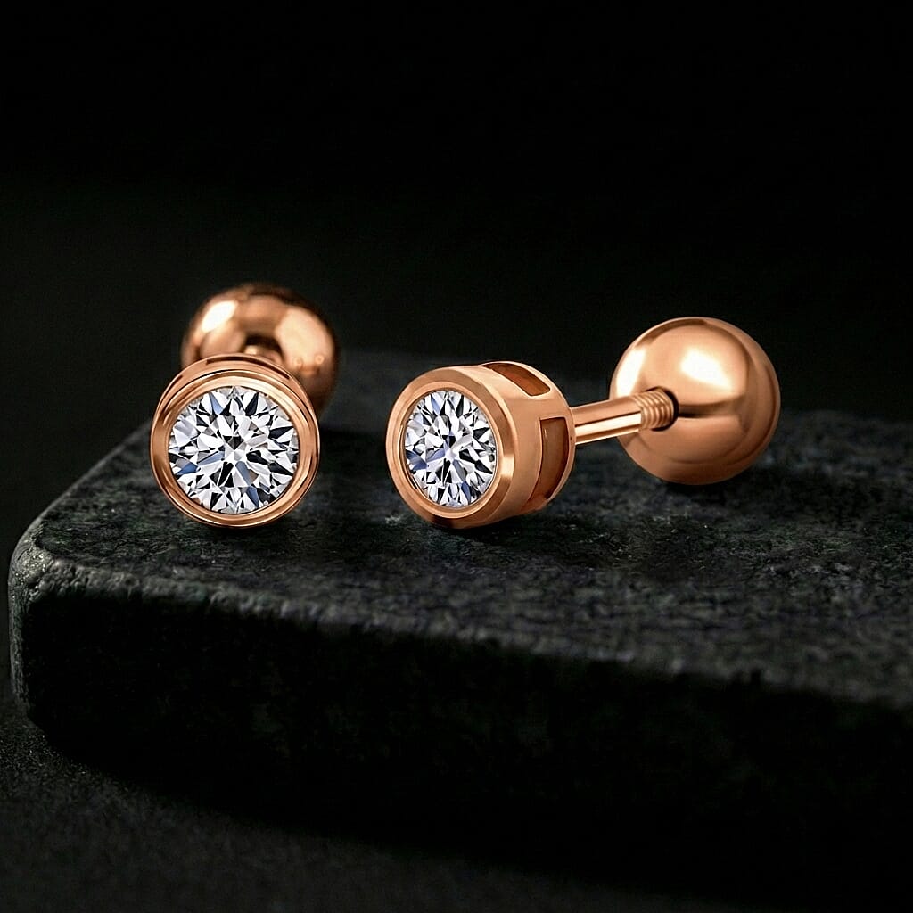 Luxuriant - SI-GH Lab Grown Diamond Solitaire Stud Earring with Ball Screw Back in 18K Vermeil Rose Gold Plated Sterling Silver 0.33 Ct