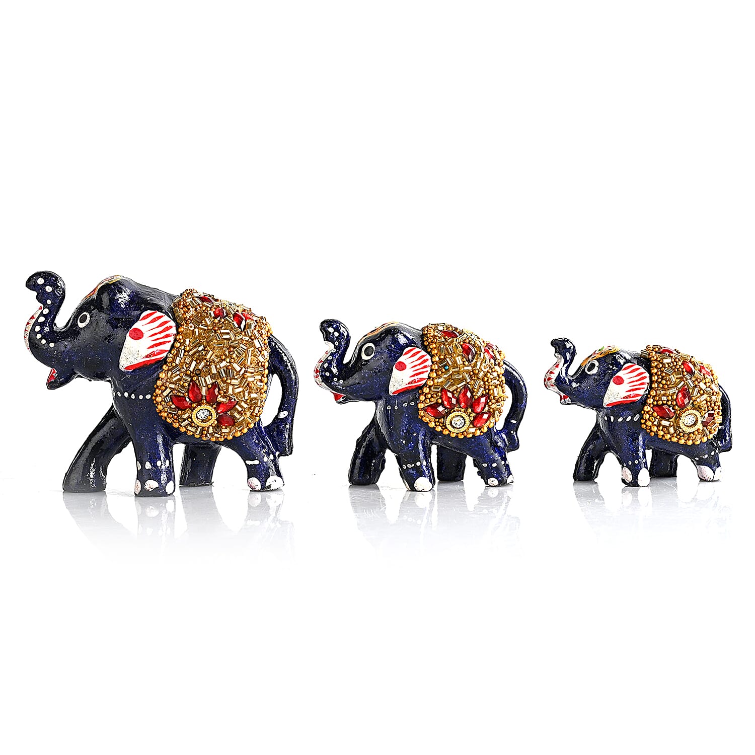 LIVMORE Set of 3 Handmade Beaded Resin Elephant (5 to 8cm) - Navy & Gold