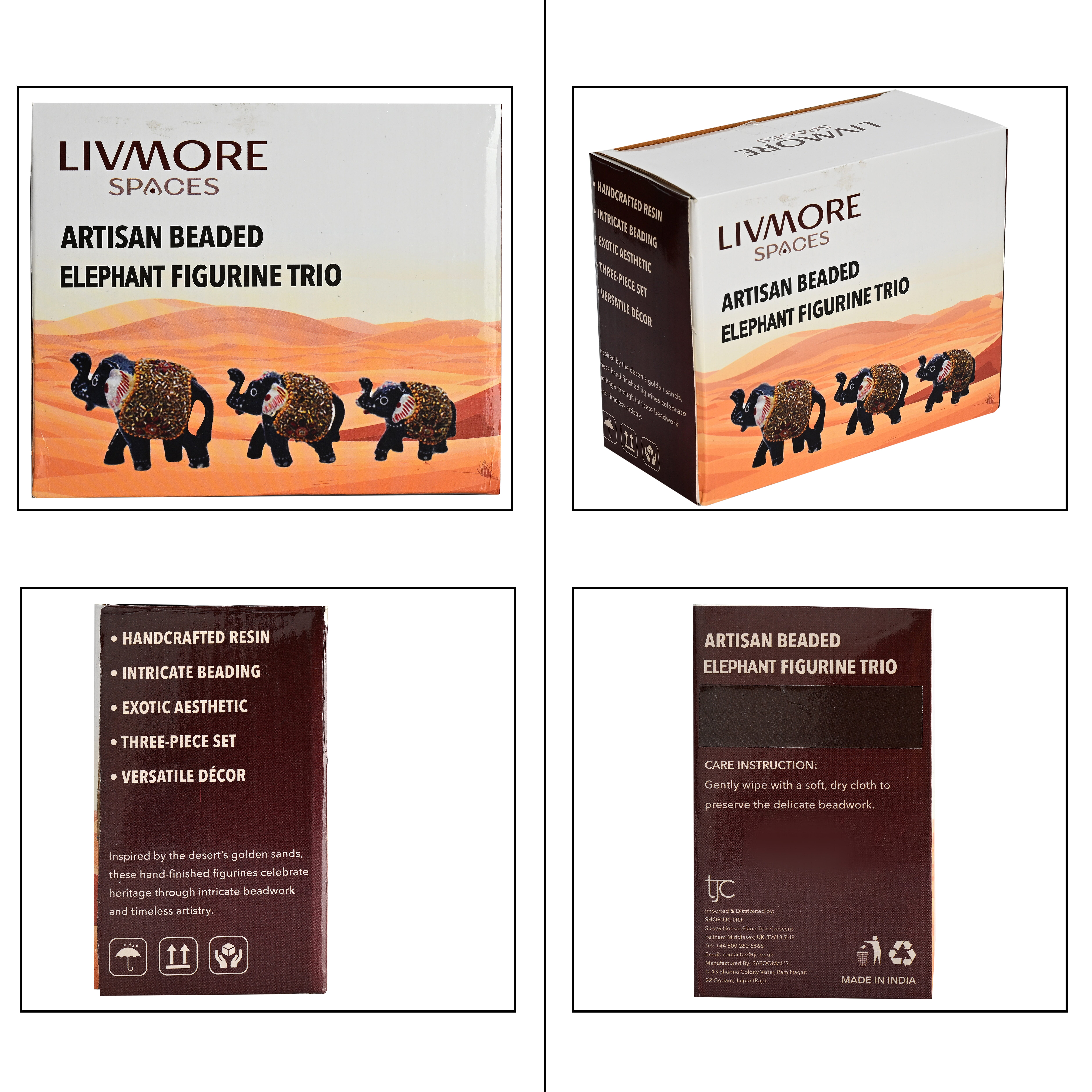 LIVMORE Set of 3 Handmade Beaded Resin Elephant (5 to 8cm) - Navy & Gold