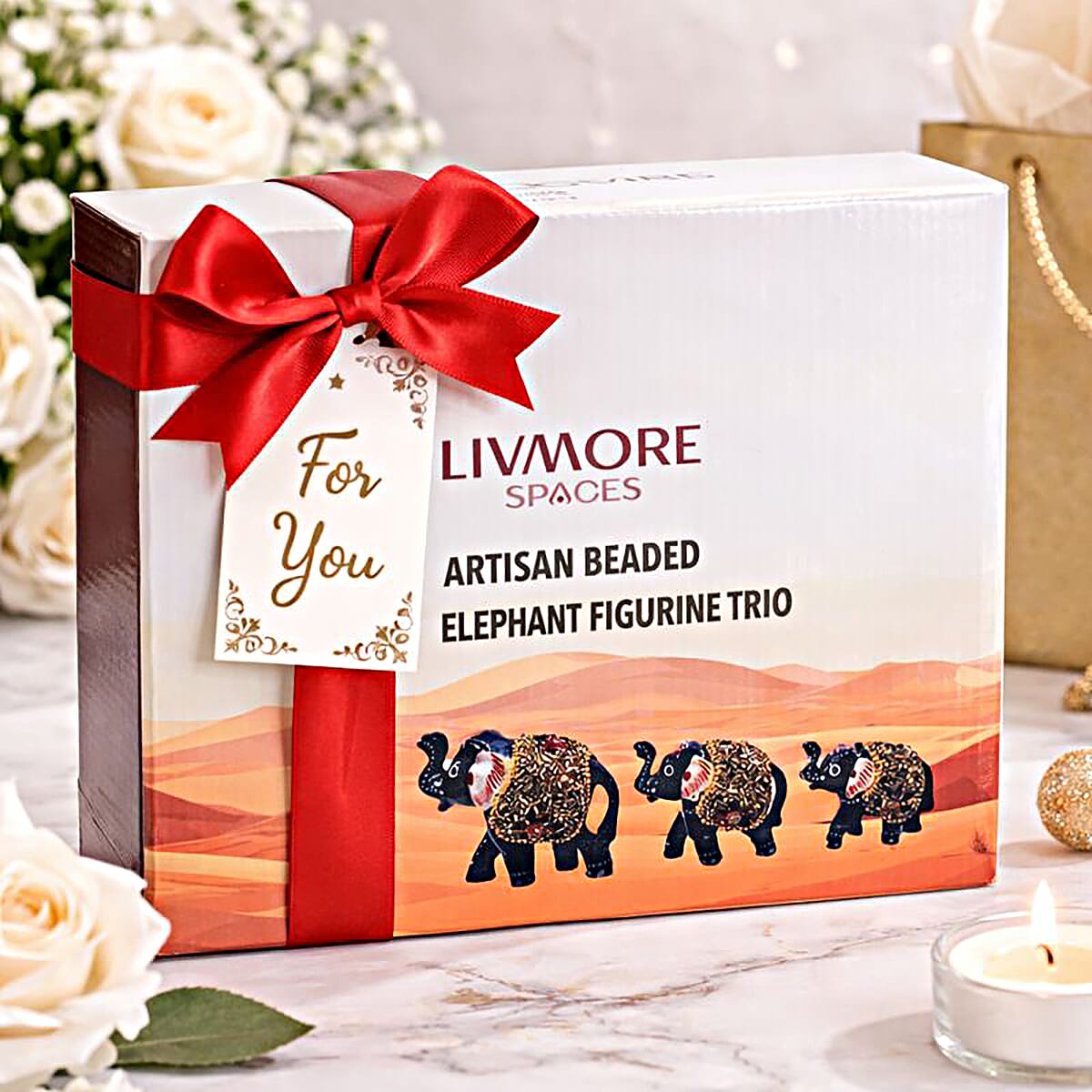 LIVMORE Set of 3 Handmade Beaded Resin Elephant (5 to 8cm) - Navy & Gold