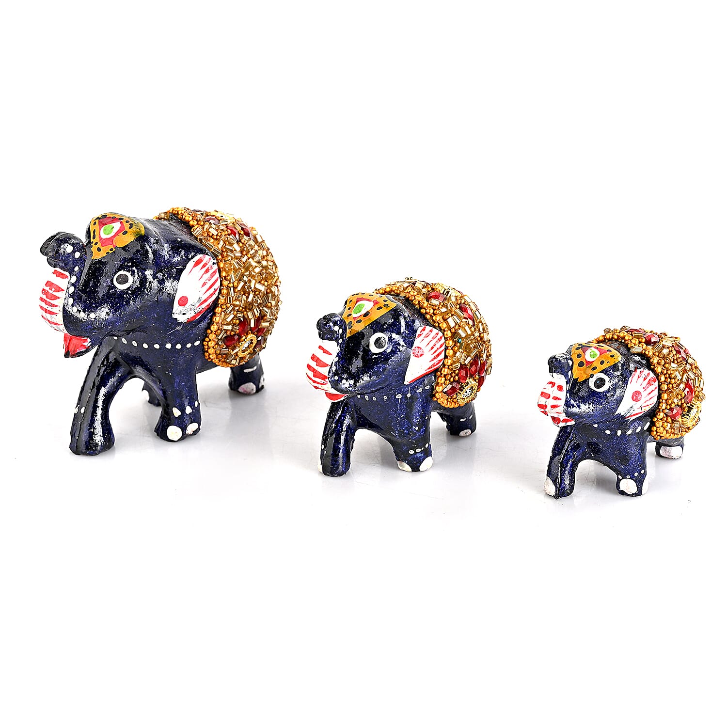 LIVMORE Set of 3 Handmade Beaded Resin Elephant (5 to 8cm) - Navy & Gold
