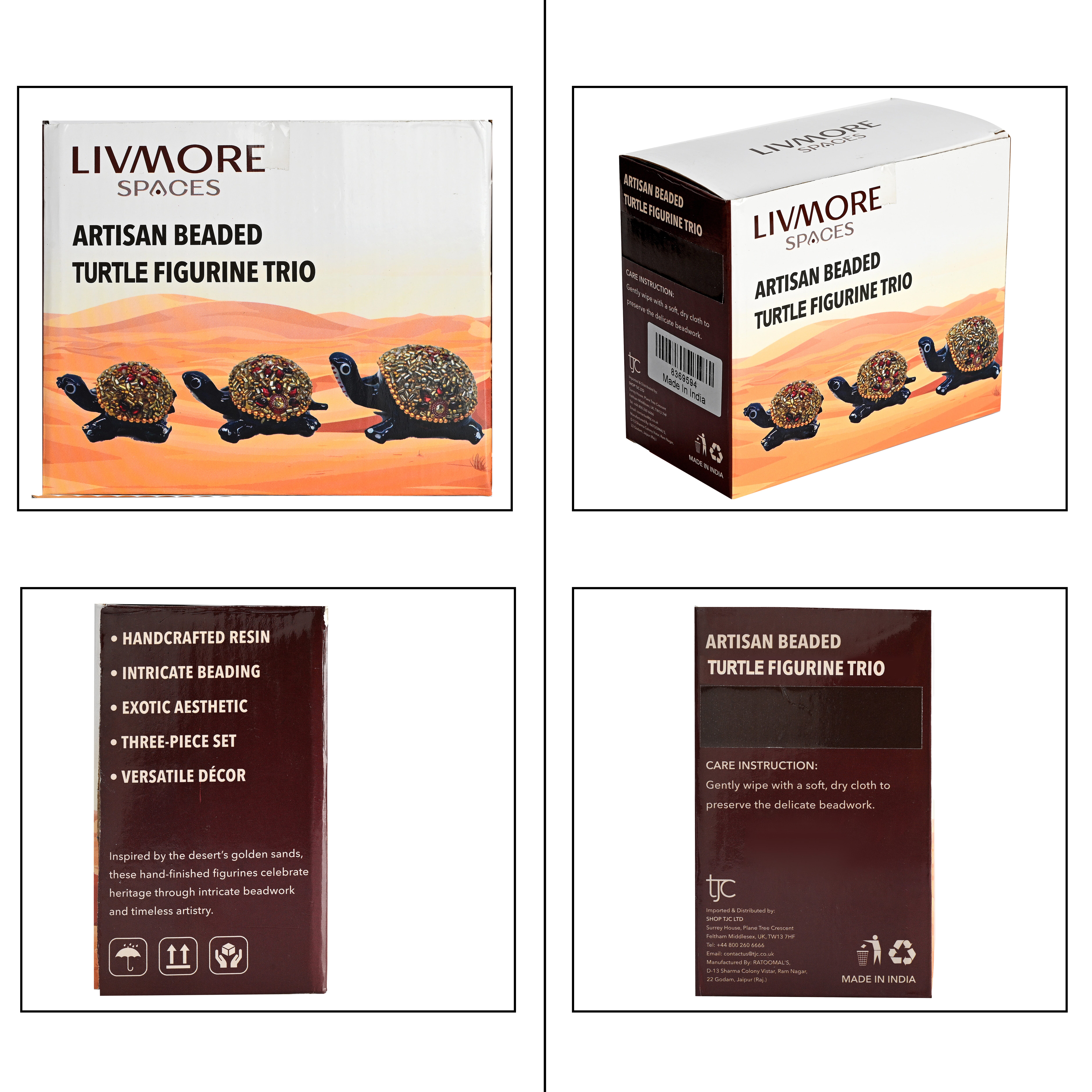 LIVMORE Set of 3 Handmade Beaded Resin Turtle (5 to 8cm) - Navy & Gold