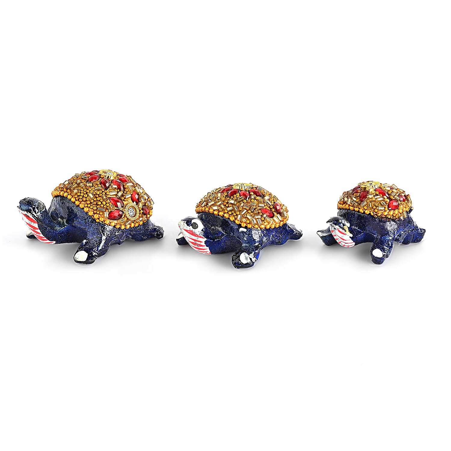 LIVMORE Set of 3 Handmade Beaded Resin Turtle (5 to 8cm) - Navy & Gold