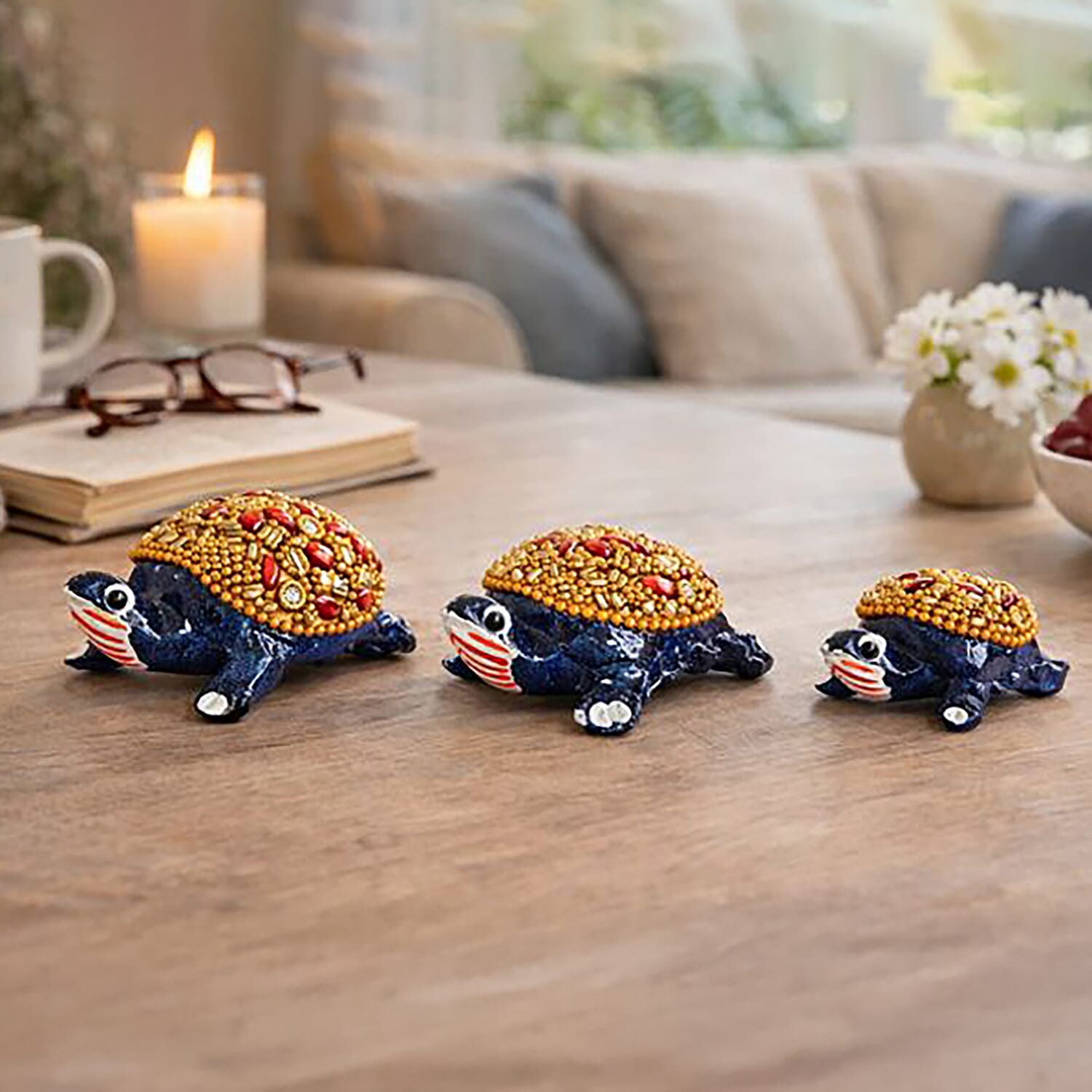 LIVMORE Set of 3 Handmade Beaded Resin Turtle (5 to 8cm) - Navy & Gold