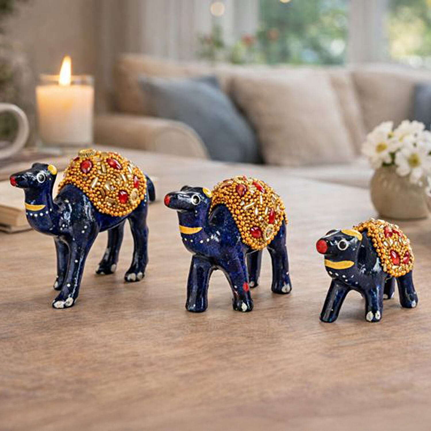 LIVMORE Set of 3 Handmade Beaded Resin Camel (5 to 8cm) - Navy & Gold