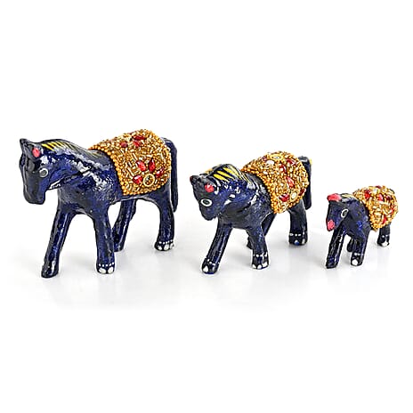 LIVMORE Set of 3 Handmade Beaded Resin Horses (5 to 8cm) - Navy & Gold