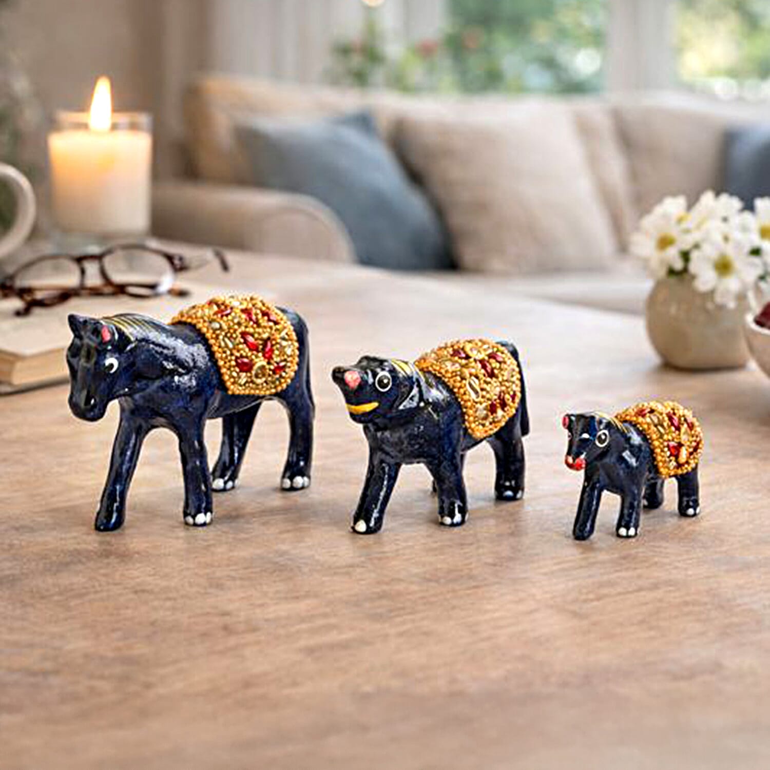 LIVMORE Set of 3 Handmade Beaded Resin Horses (5 to 8cm) - Navy & Gold