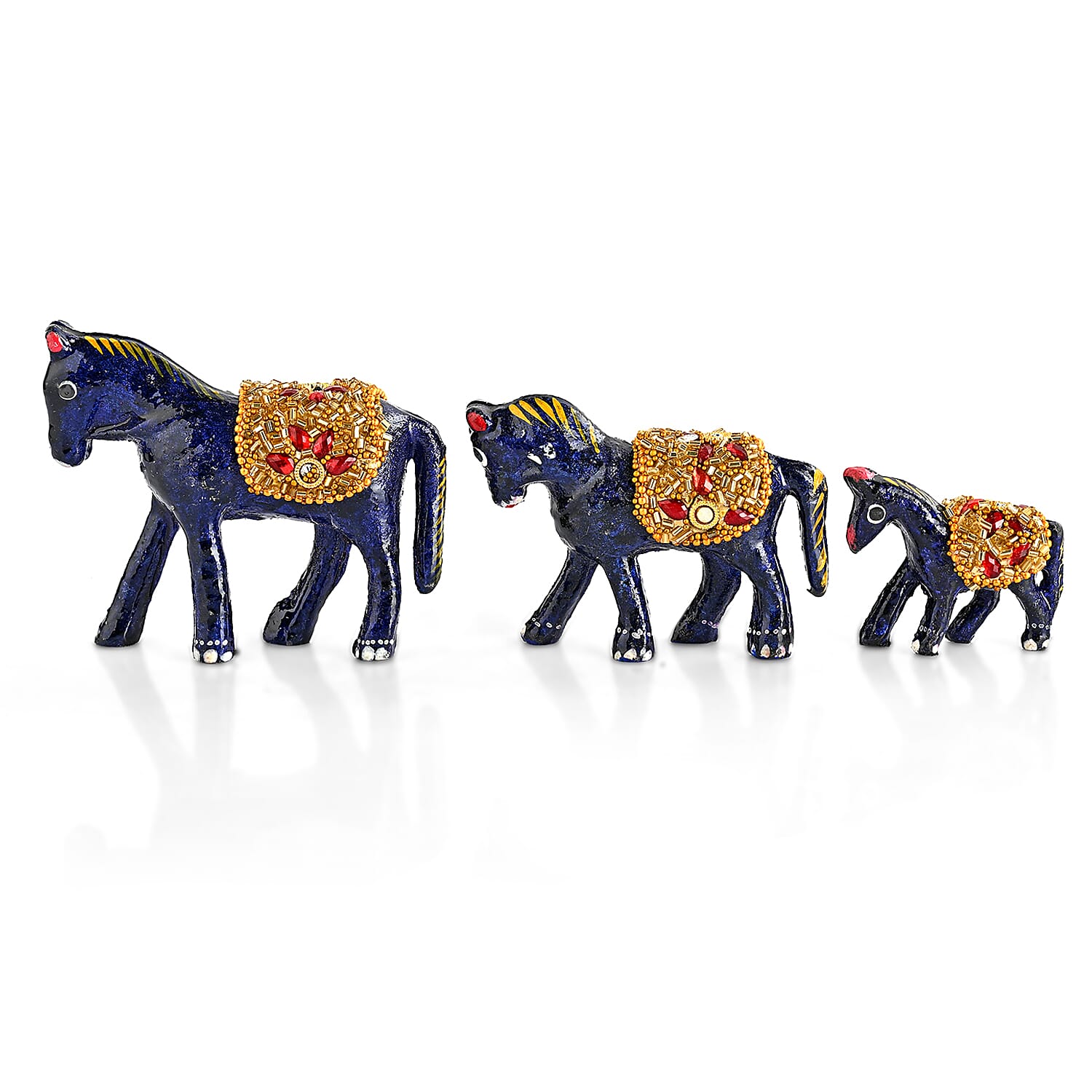 LIVMORE Set of 3 Handmade Beaded Resin Horses (5 to 8cm) - Navy & Gold
