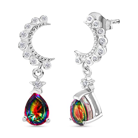 D'Joy Nebula Quartz Doublet & White Zircon Dangling Earring in Platinum Overlay Sterling Silver 2.19 Ct.