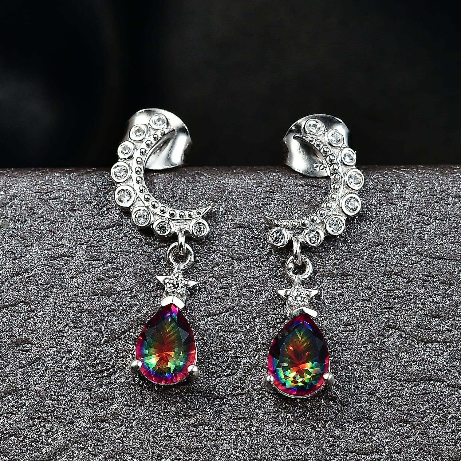 D'Joy Nebula Quartz Doublet & White Zircon Dangling Earring in Platinum Overlay Sterling Silver 2.19 Ct.
