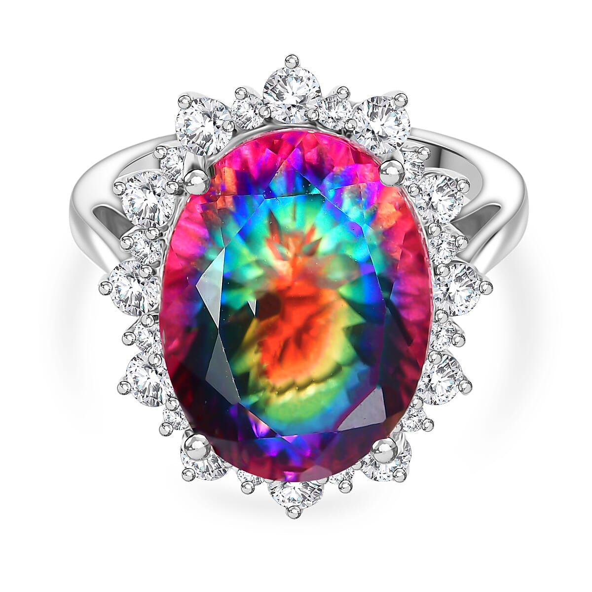 D'Joy Nebula Quartz Doublet & White Zircon Ring in Rhodium Overlay Sterling Silver 11.85 Ct.