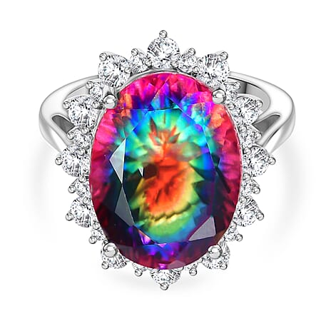 D'Joy Nebula Quartz Doublet & White Zircon Ring in Rhodium Overlay Sterling Silver 11.85 Ct.