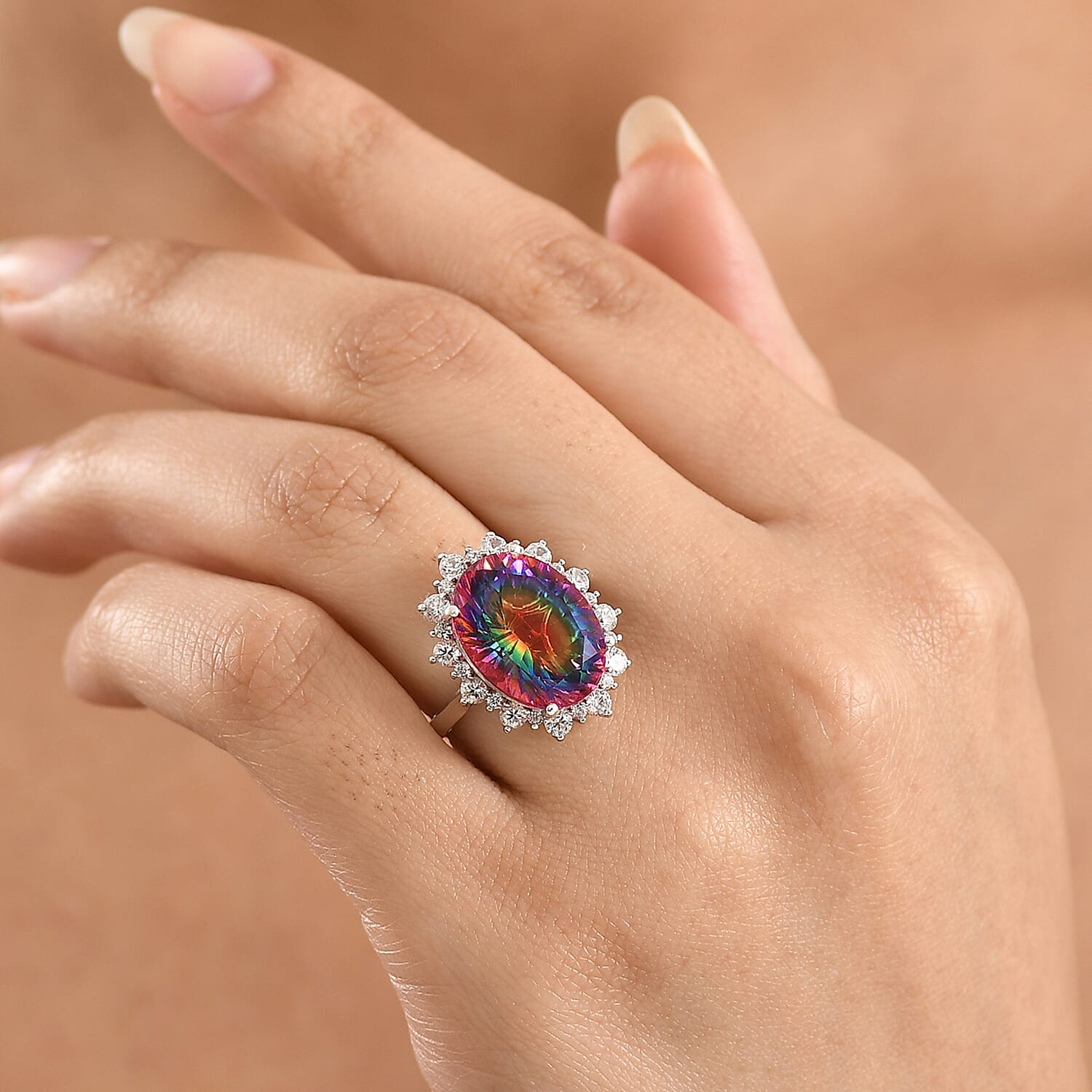 D'Joy Nebula Quartz Doublet & White Zircon Ring in Rhodium Overlay Sterling Silver 11.85 Ct.