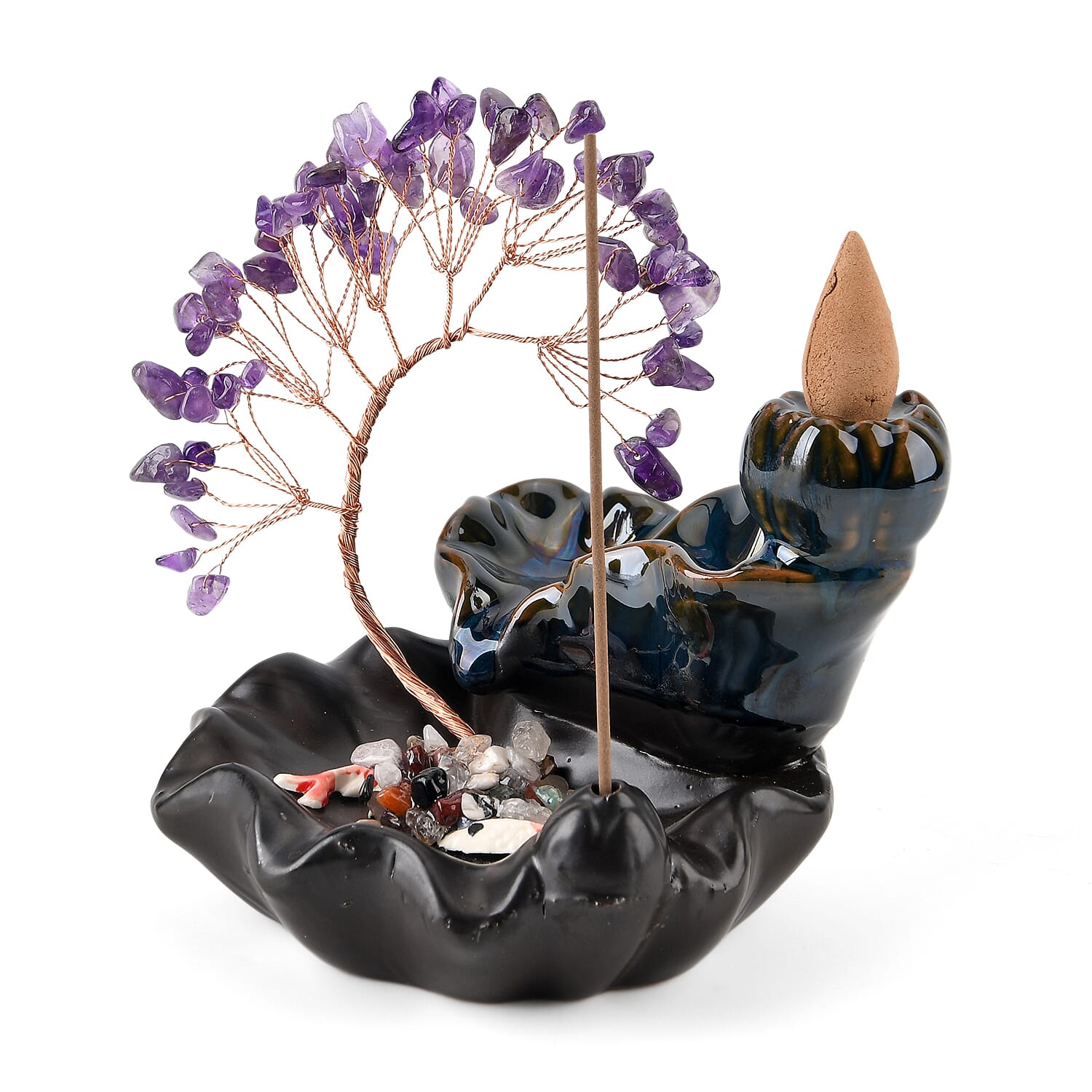 LIVMORE Amethyst Natural Gemstone Tree & Ceramic Backflow Incense Burner - Includes 20pc Sticks & Cones - Purple & Black