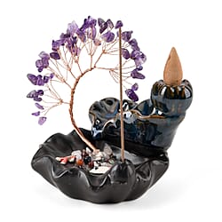 LIVMORE Rose Quartz Natural Gemstone Tree & Ceramic Backflow Incense Burner - Includes 20pc Sticks & Cones
