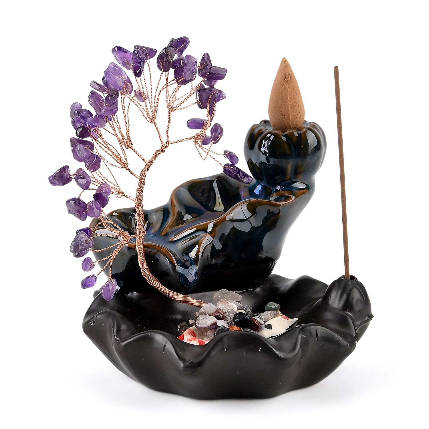 LIVMORE Amethyst Natural Gemstone Tree & Ceramic Backflow Incense Burner - Includes 20pc Sticks & Cones - Purple & Black