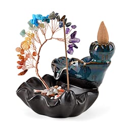 LIVMORE Rose Quartz Natural Gemstone Tree & Ceramic Backflow Incense Burner - Includes 20pc Sticks & Cones