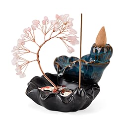 LIVMORE Rose Quartz Natural Gemstone Tree & Ceramic Backflow Incense Burner - Includes 20pc Sticks & Cones