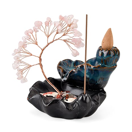 LIVMORE Rose Quartz Natural Gemstone Tree & Ceramic Backflow Incense Burner - Includes 20pc Sticks & Cones