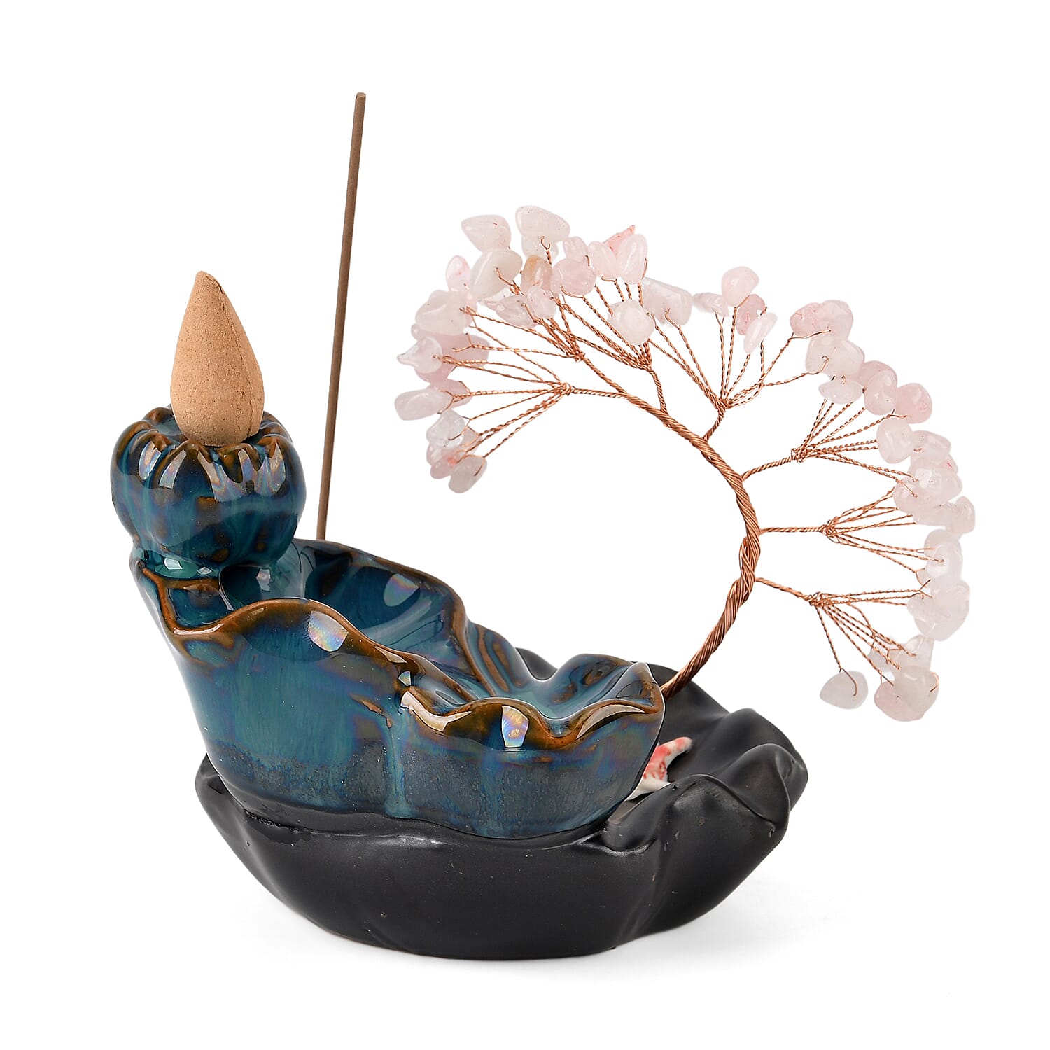 LIVMORE Rose Quartz Natural Gemstone Tree & Ceramic Backflow Incense Burner - Includes 20pc Sticks & Cones