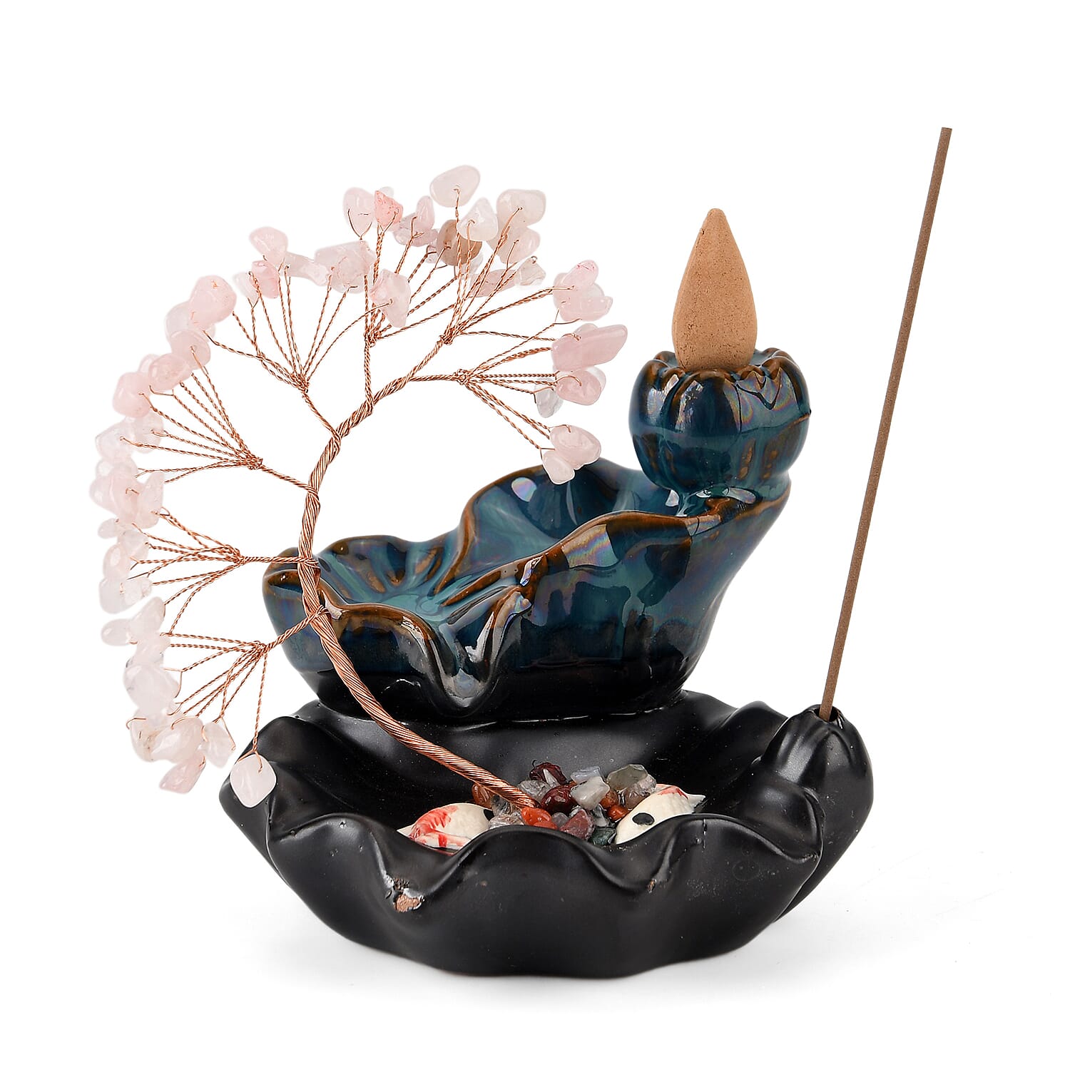 LIVMORE Rose Quartz Natural Gemstone Tree & Ceramic Backflow Incense Burner - Includes 20pc Sticks & Cones