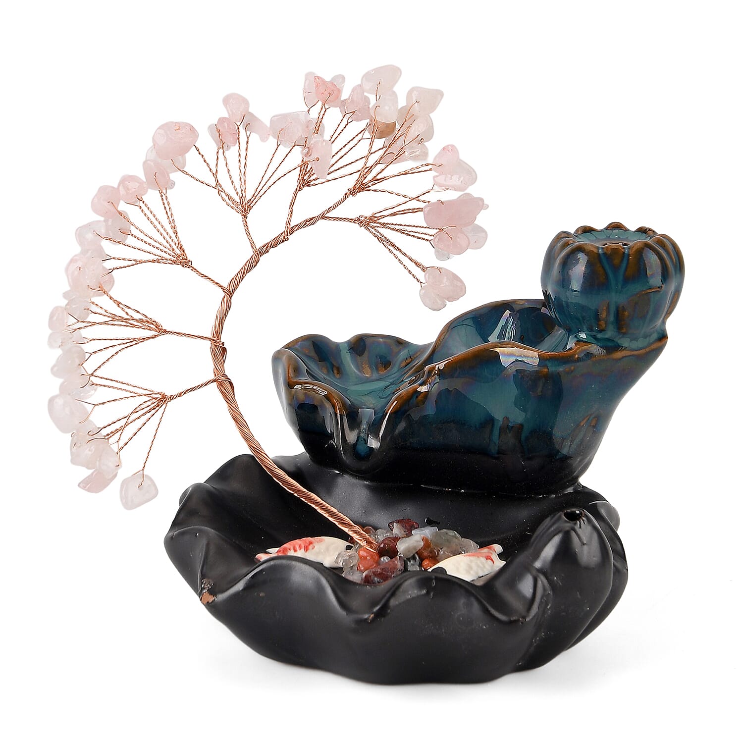 LIVMORE Rose Quartz Natural Gemstone Tree & Ceramic Backflow Incense Burner - Includes 20pc Sticks & Cones