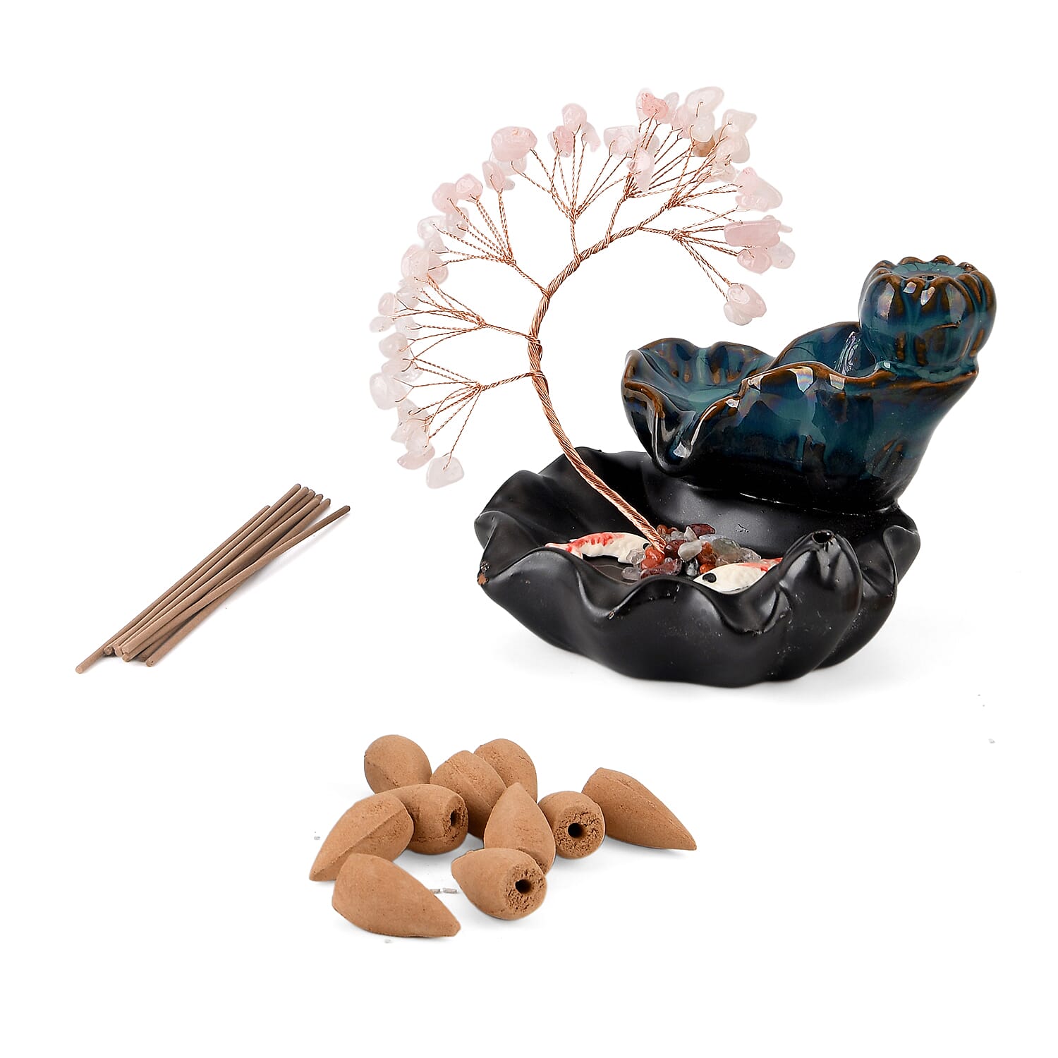 LIVMORE Rose Quartz Natural Gemstone Tree & Ceramic Backflow Incense Burner - Includes 20pc Sticks & Cones