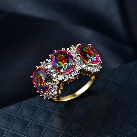D'Joy Nebula Quartz Doublet & White Zircon Ring in 18K Yellow Gold Plated Sterling Silver 7.65 Ct.