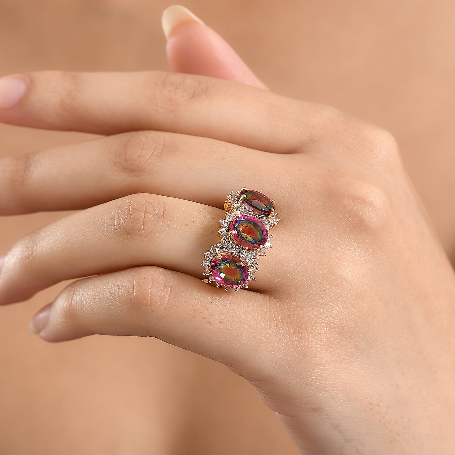 D'Joy Nebula Quartz Doublet & White Zircon Ring in 18K Yellow Gold Plated Sterling Silver 7.65 Ct.