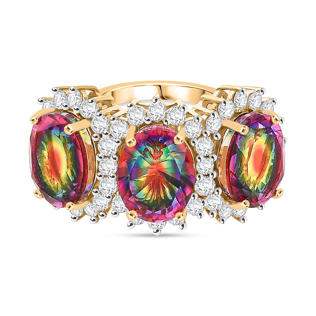 D'Joy Nebula Quartz Doublet & White Zircon Trilogy Halo Ring in 18K Yellow Gold Plated Sterling Silver 7.65 Ct.
