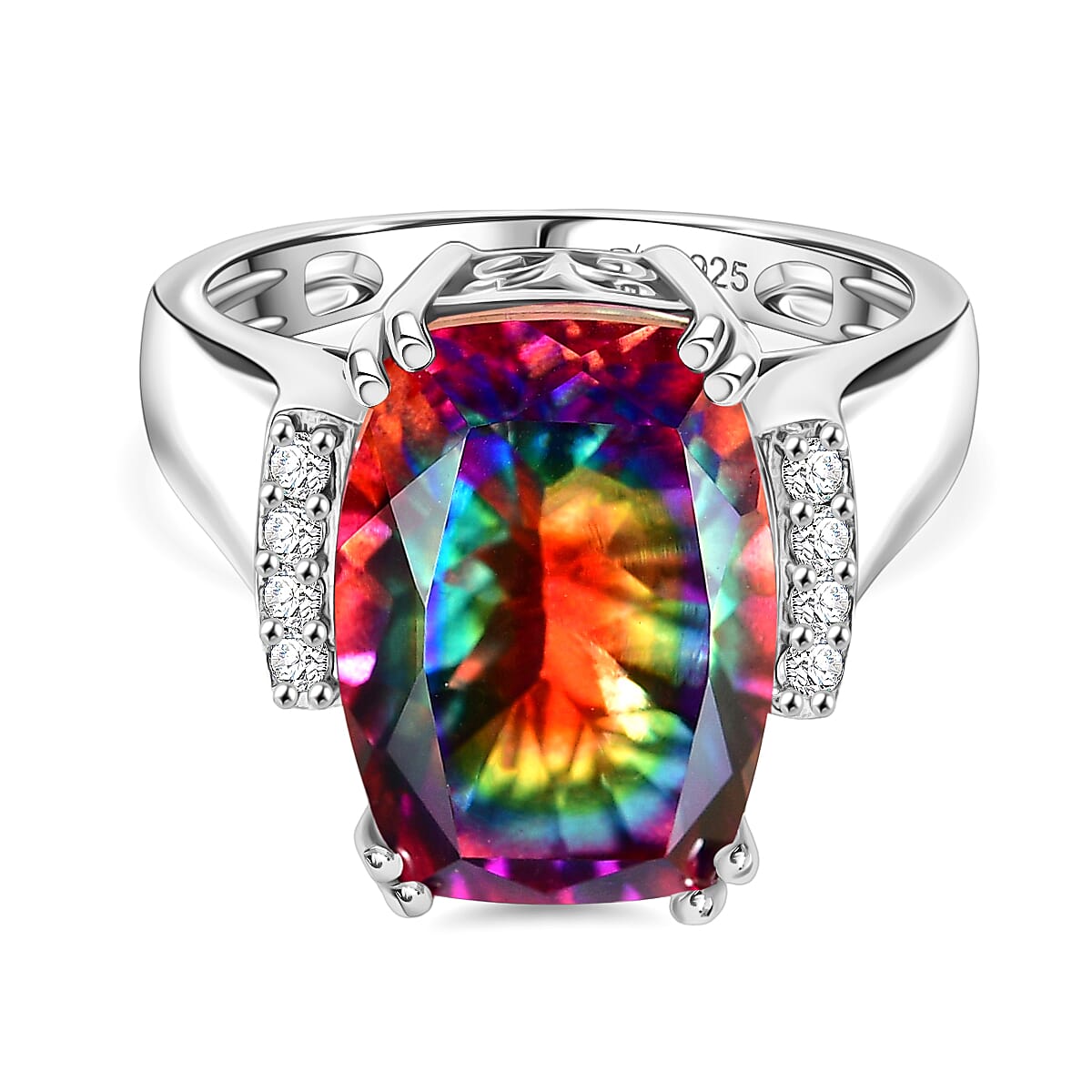 D'Joy Nebula Quartz Doublet & White Zircon Ring in Rhodium Overlay Sterling Silver 8.04 Ct.