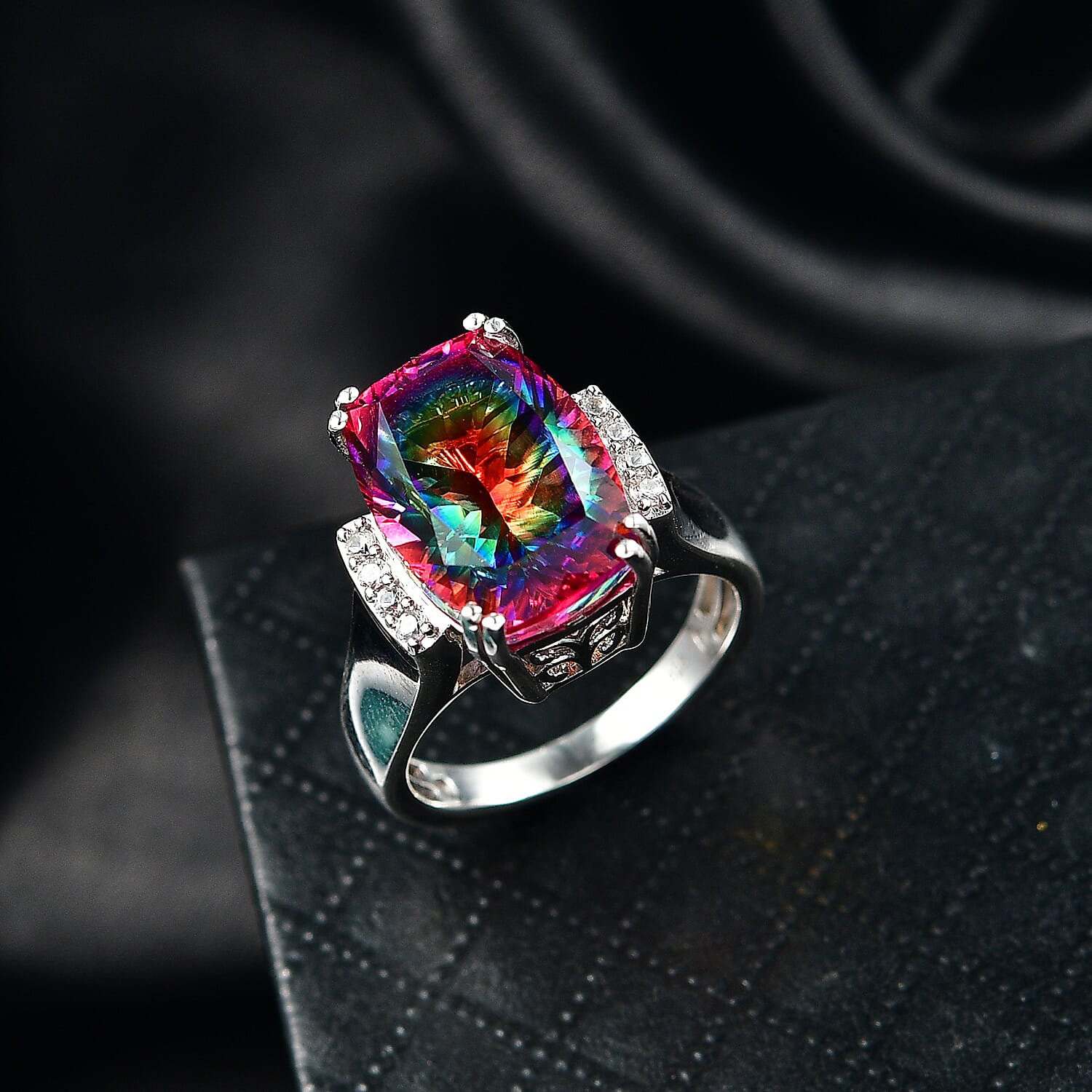 D'Joy Nebula Quartz Doublet & White Zircon Ring in Rhodium Overlay Sterling Silver 8.04 Ct.