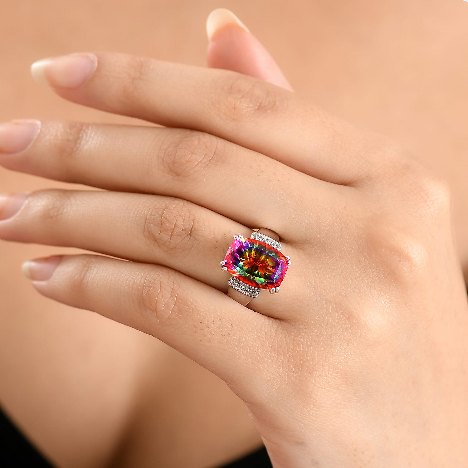 D'Joy Nebula Quartz Doublet & White Zircon Ring in Rhodium Overlay Sterling Silver 8.04 Ct.