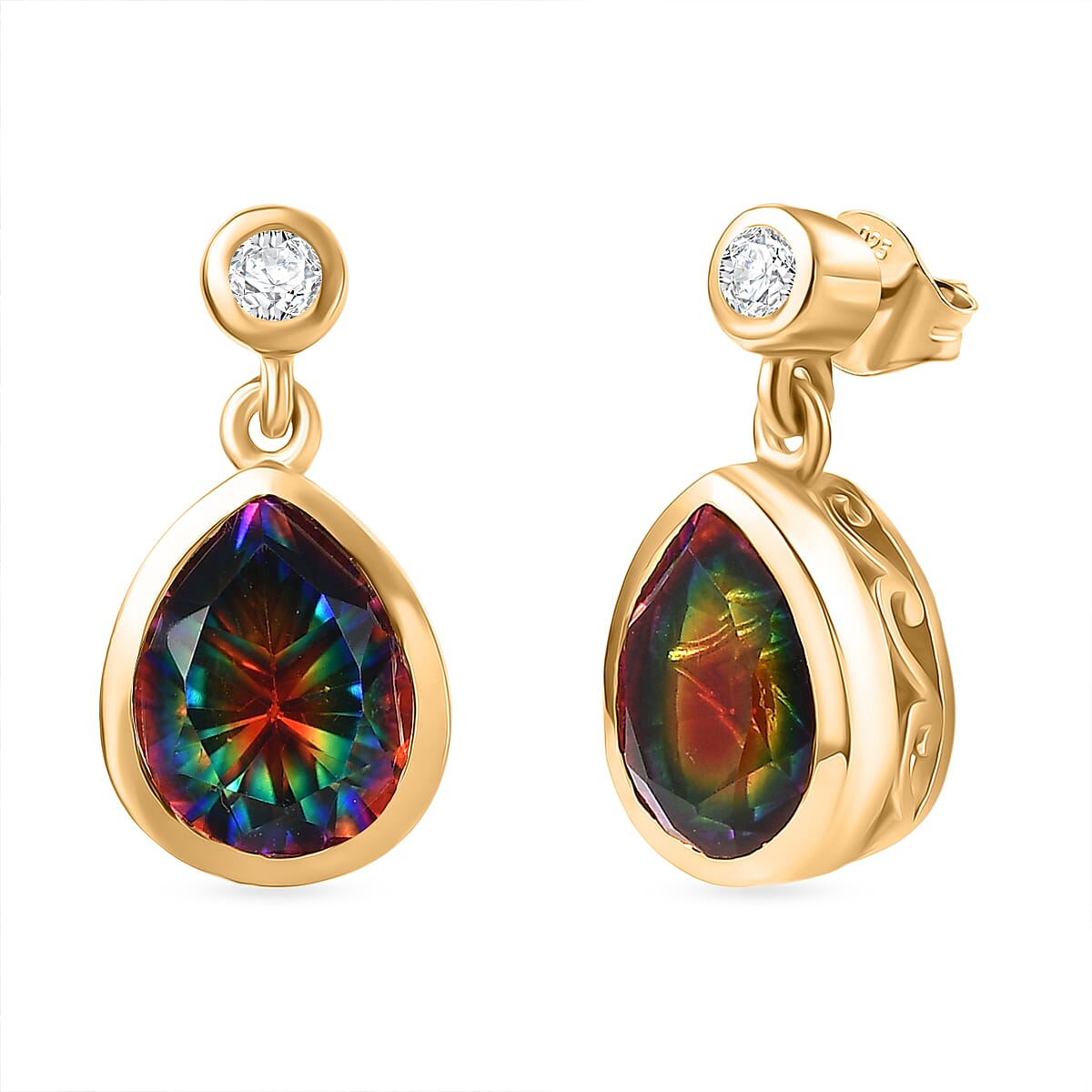 D'Joy Nebula Quartz Doublet & White Zircon Dangling Earring in 18K Yellow Gold Plated Sterling Silver 2.95 Ct.