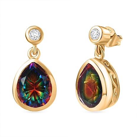 D'Joy Nebula Quartz Doublet & White Zircon Dangling Earring in 18K Yellow Gold Plated Sterling Silver 2.95 Ct.