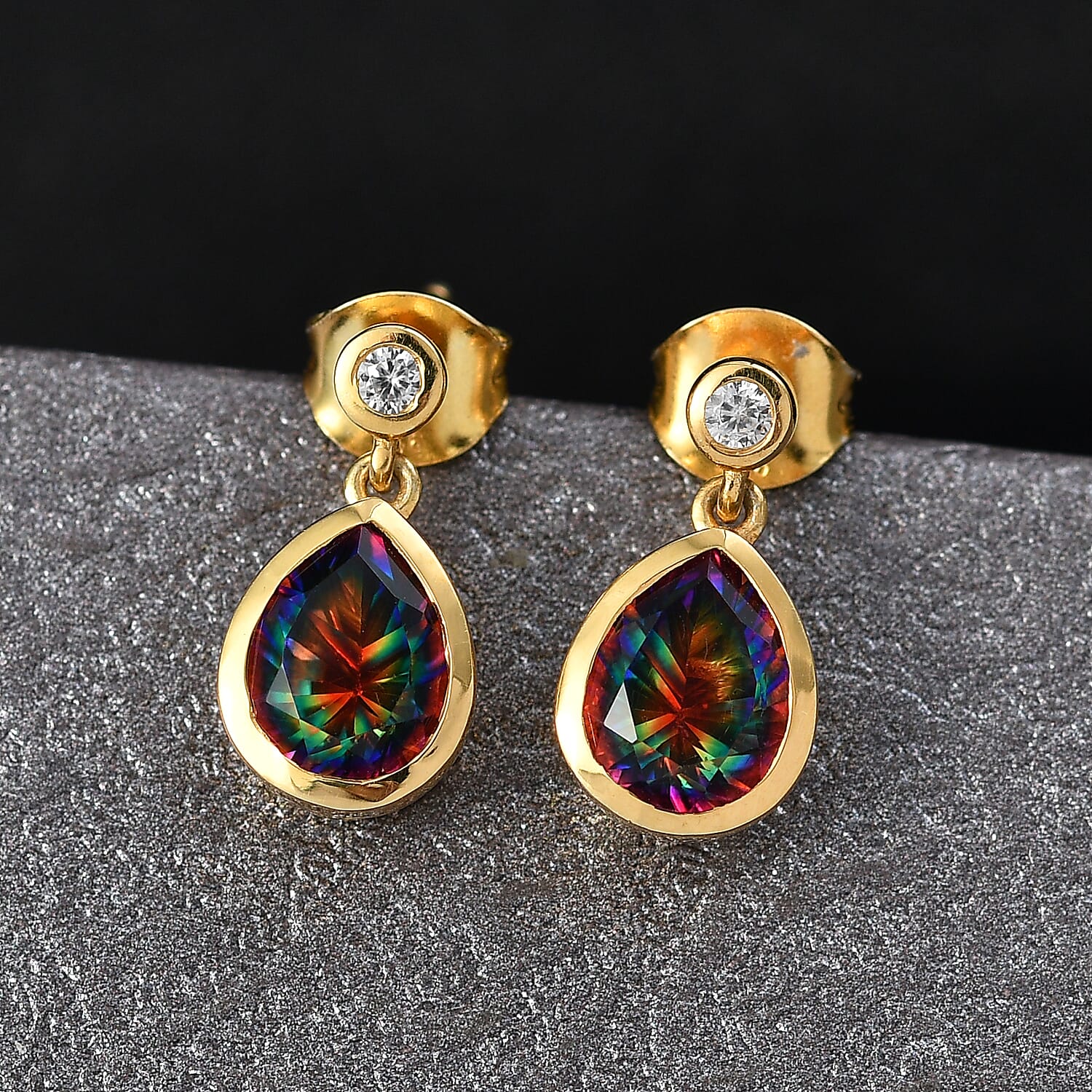 D'Joy Nebula Quartz Doublet & White Zircon Dangling Earring in 18K Yellow Gold Plated Sterling Silver 2.95 Ct.