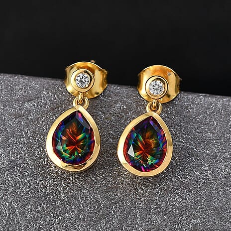 D'Joy Nebula Quartz Doublet & White Zircon Dangling Earring in 18K Yellow Gold Plated Sterling Silver 2.95 Ct.