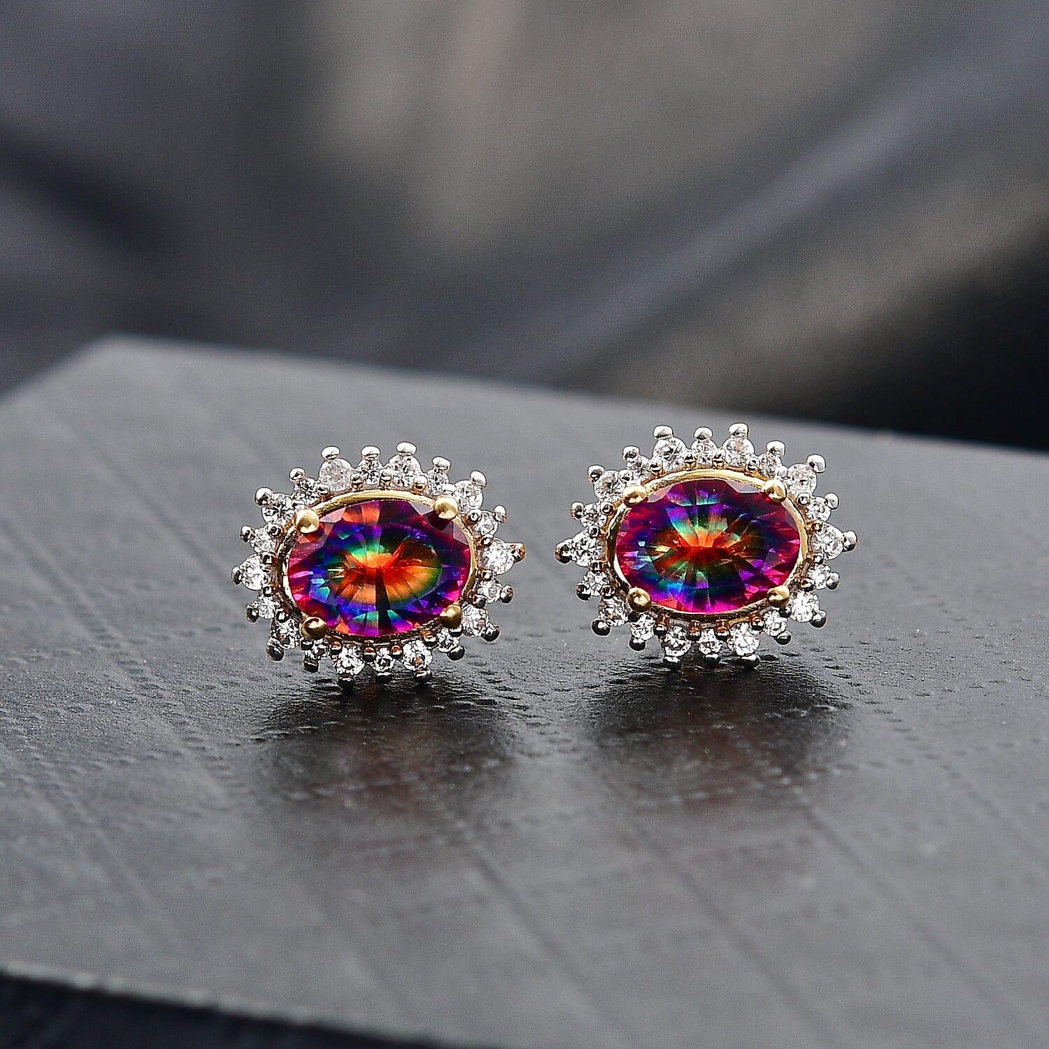 D'Joy Nebula Quartz Doublet & White Zircon Solitaire Stud Push Post Earring in 18K Yellow Gold Plated Sterling Silver 2.44 Ct.