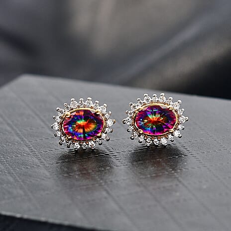 D'Joy Nebula Quartz Doublet & White Zircon Solitaire Stud Push Post Earring in 18K Yellow Gold Plated Sterling Silver 2.44 Ct.