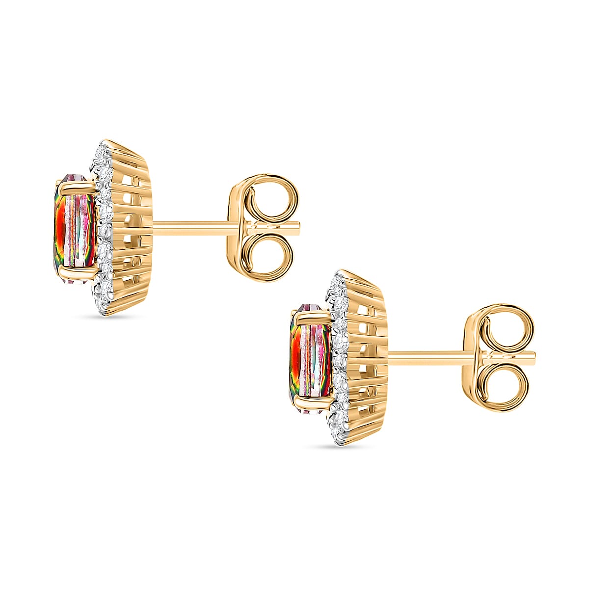 D'Joy Nebula Quartz Doublet & White Zircon Solitaire Stud Push Post Earring in 18K Yellow Gold Plated Sterling Silver 2.44 Ct.