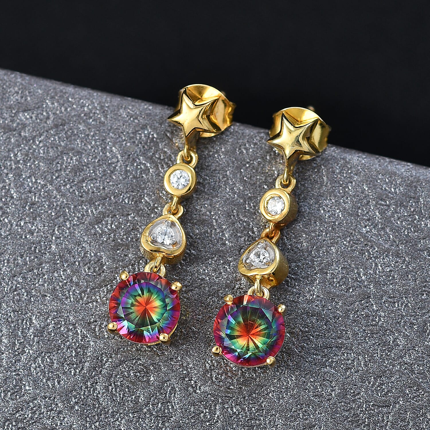D'Joy Nebula Quartz Doublet & White Zircon Dangling Earring in 18K Yellow Gold Plated Sterling Silver 3.54 Ct.