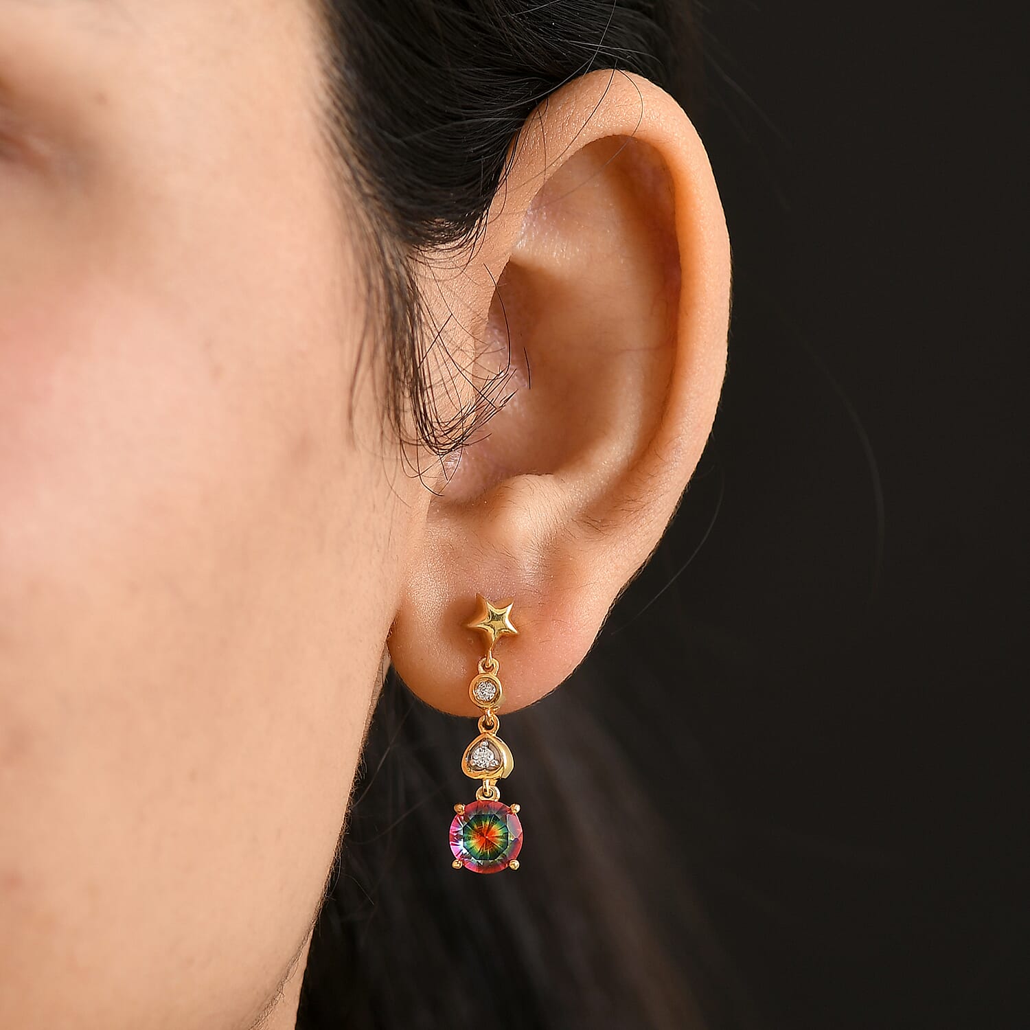 D'Joy Nebula Quartz Doublet & White Zircon Dangling Earring in 18K Yellow Gold Plated Sterling Silver 3.54 Ct.