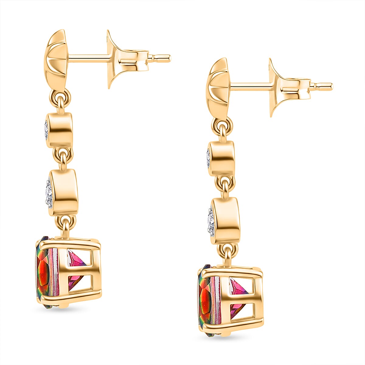 D'Joy Nebula Quartz Doublet & White Zircon Dangling Earring in 18K Yellow Gold Plated Sterling Silver 3.54 Ct.