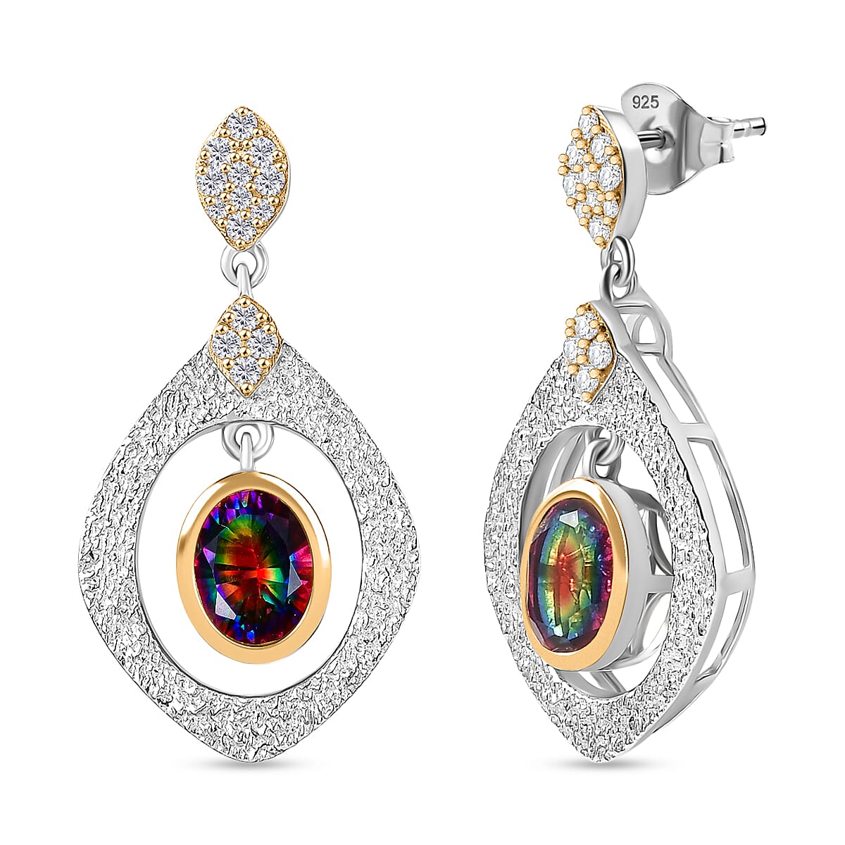 D'Joy Nebula Quartz Doublet & White Zircon Dangling Earring in Sterling Silver 3.41 Ct.