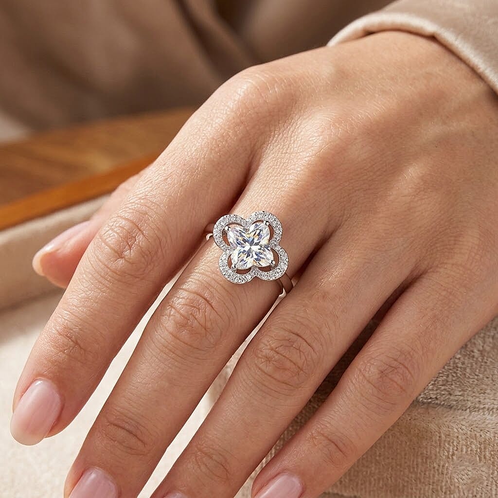 D'Joy Moissanite Floral Halo Ring in Rhodium Overlay Sterling Silver  4.64 Ct.