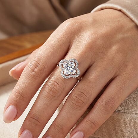 D'Joy Moissanite Floral Halo Ring in Rhodium Overlay Sterling Silver  4.64 Ct.