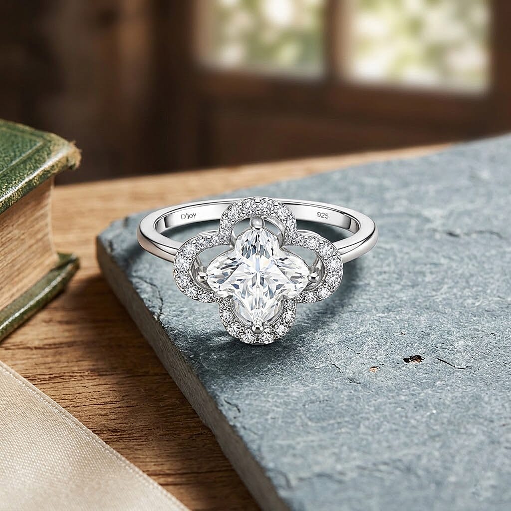 D'Joy Moissanite Floral Halo Ring in Rhodium Overlay Sterling Silver  4.64 Ct.