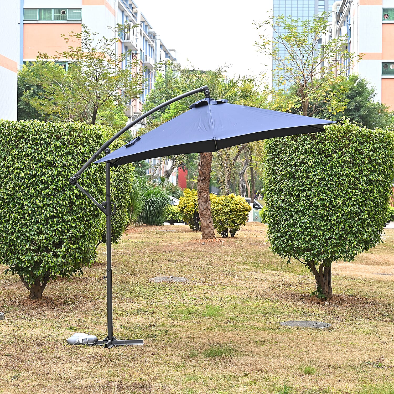 Cantilever Banana Umbrella - Overhanging 6-Rib Garden Parasol (3m) - Blue