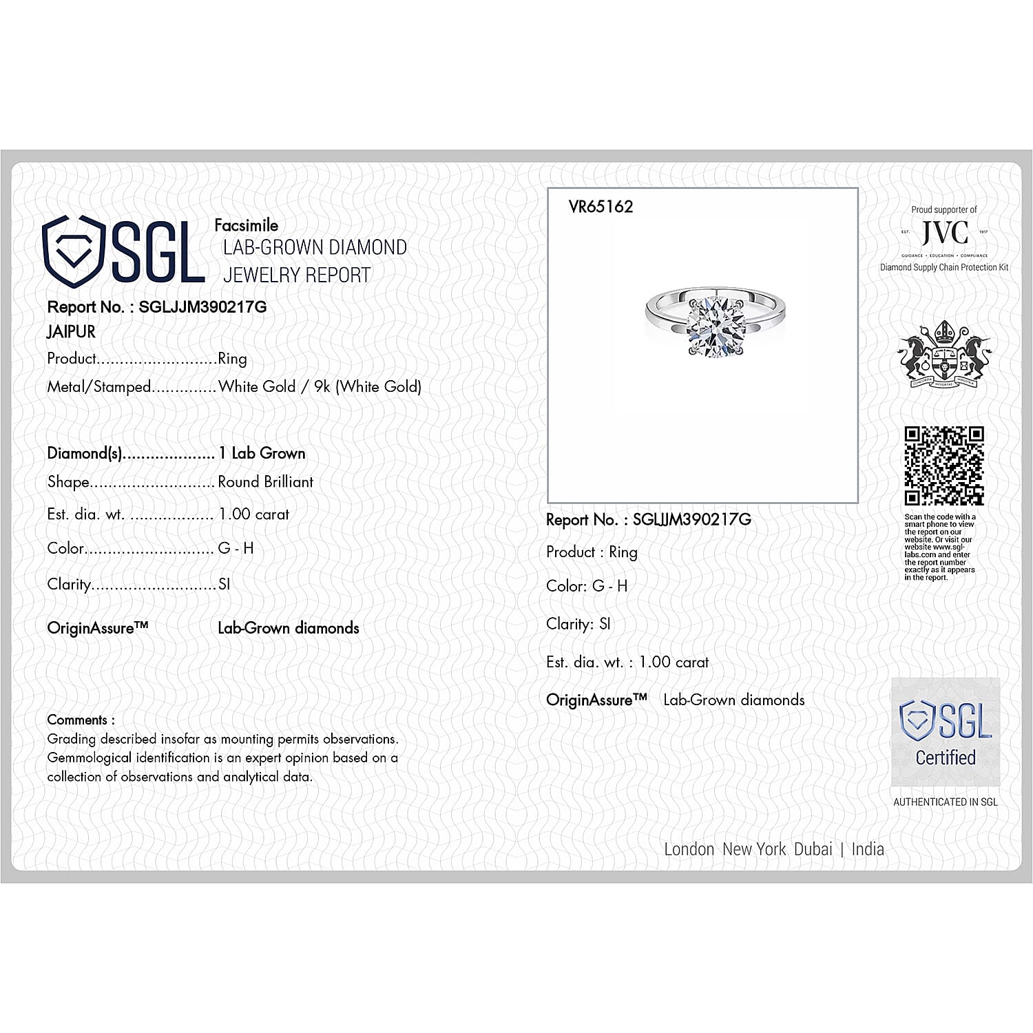 Luxuriant 9K White Gold SGL Certified Lab Grown Diamond (SI-GH) Solitaire Ring 1.04 Ct.
