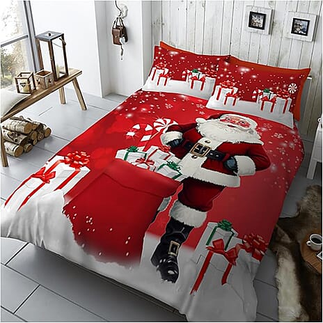 Elf - Santa Christmas Bedding Set - Duvet Cover - 1 x Pillow Cases (Single, 137 x 200 cm) - Red - White